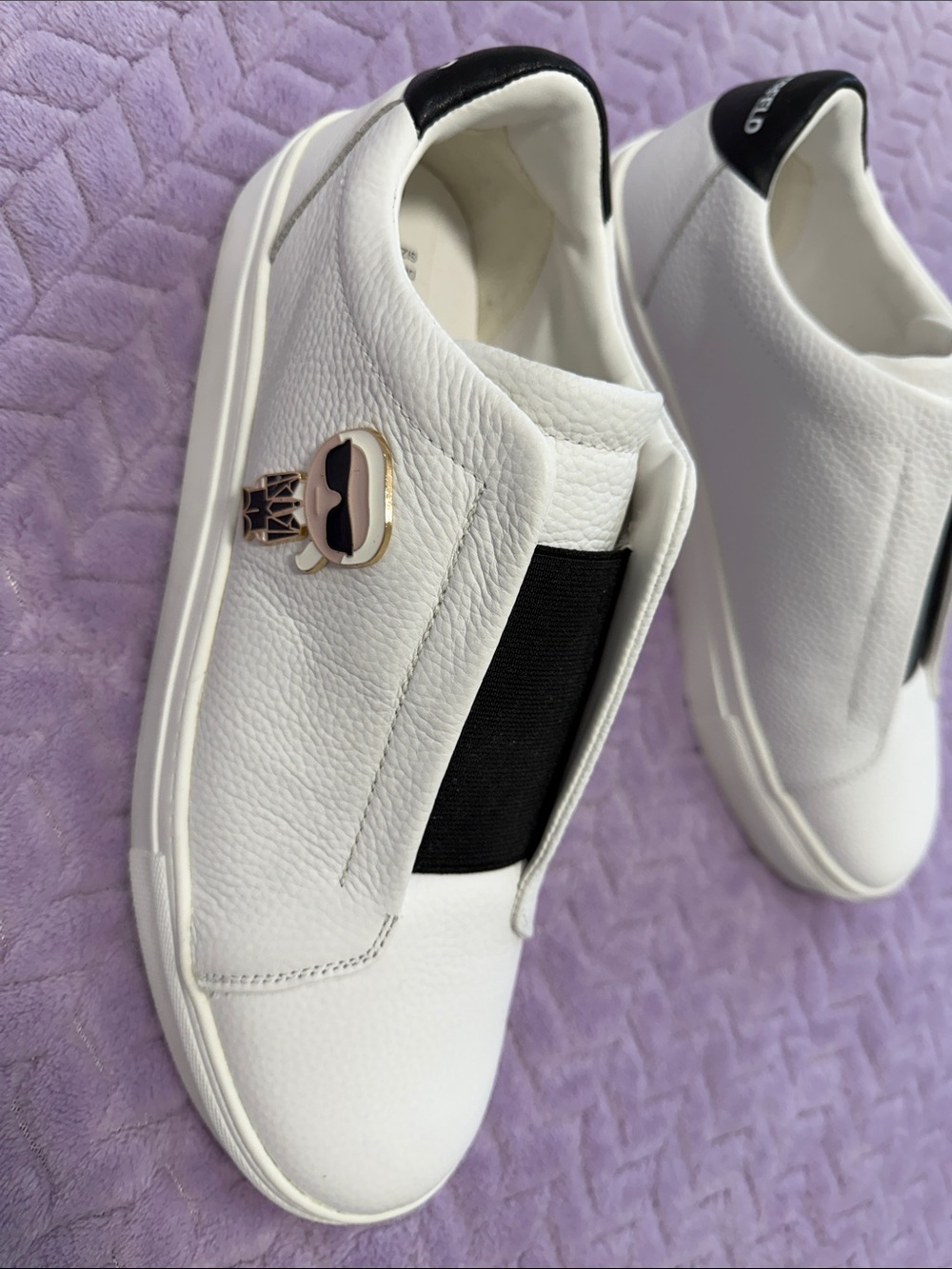Karl Lagerfeld White Slip-On Sneakers with Black Elastic and Gold Charm